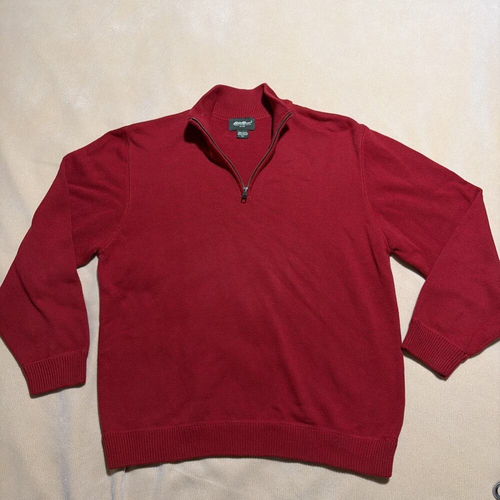 Eddie Bauer Men's XL Red Tight-Knit Cotton 1/4 Zip Mock Neck Pullover Sweater